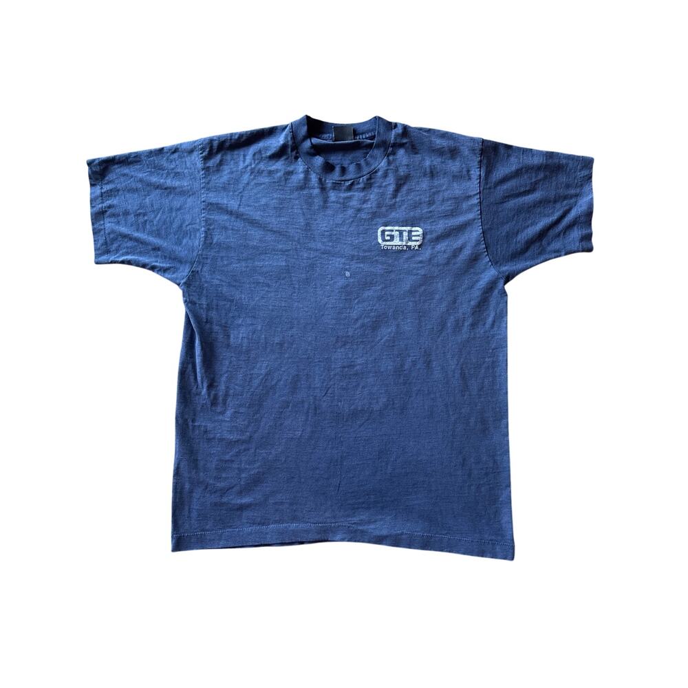 Vtg GTE Towanda, PA USA Made Single Stitch Paper Thin Faded Navy L Tech T-Shirt